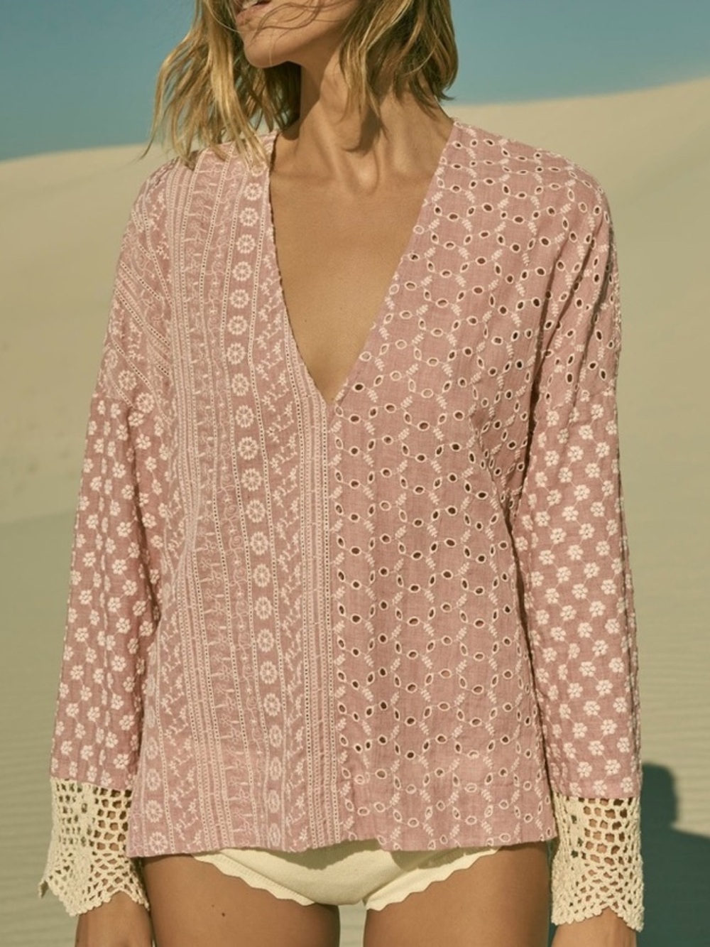 NWOT Zara Boho Eyelet Split-Panel Pink Women's Top